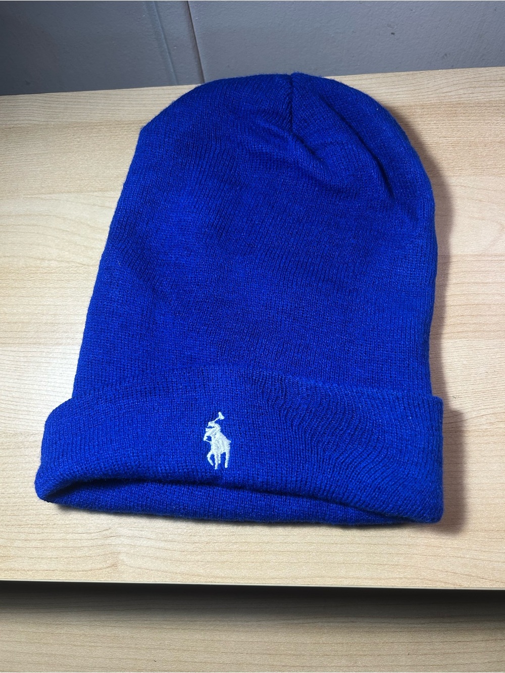 Ralph Lauren Men’s Cobalt Blue Knit Beanie with White Polo Logo